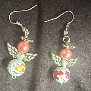 Angel Wing Silver and Pink Earrings with pink and yellow floral